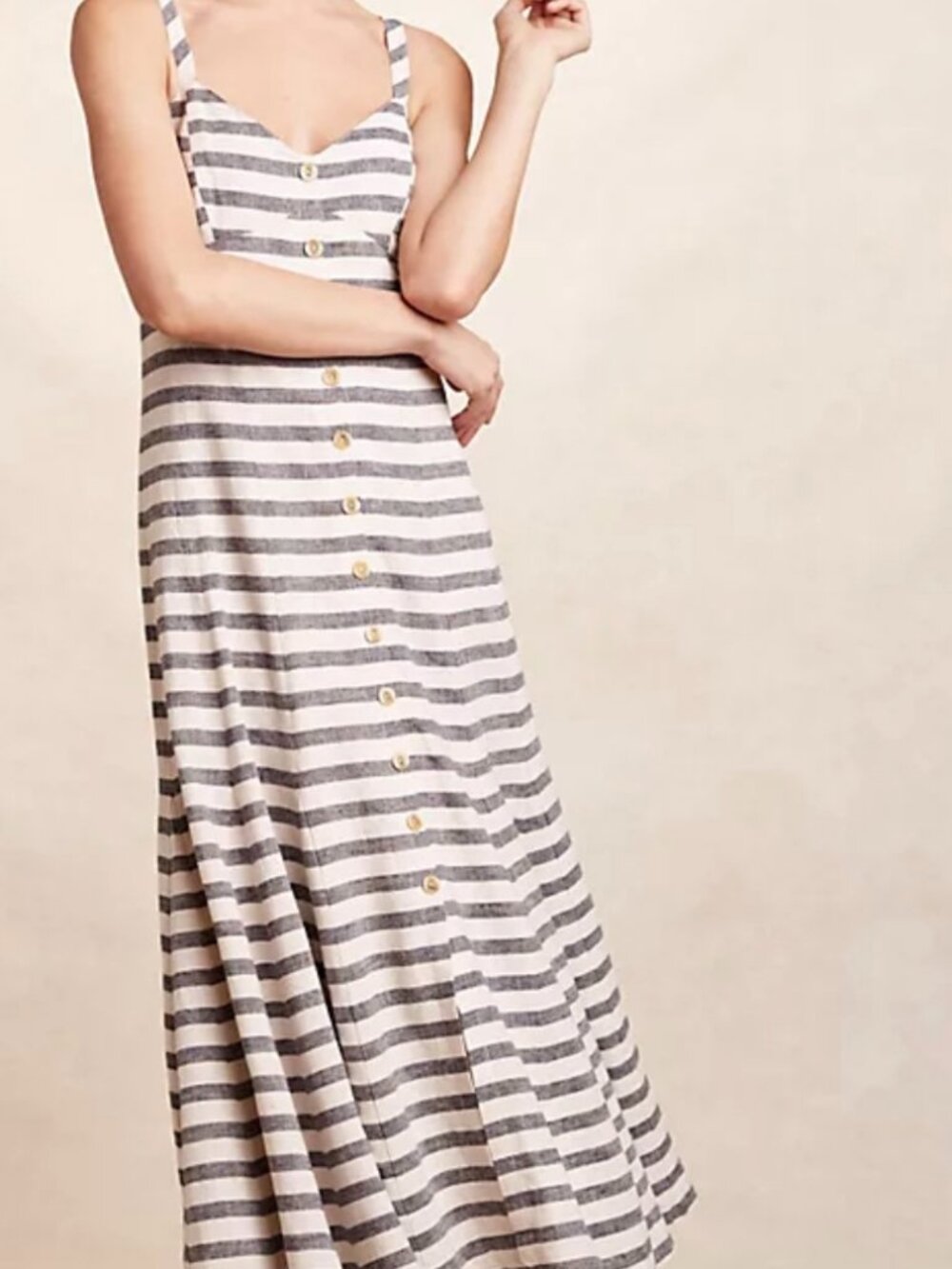 Anthropologie Maeve Striped Linen Blend Button Front Maxi Dress 12P